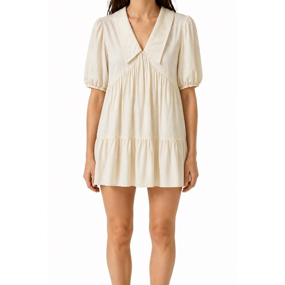 Lucca Womens Cream Mini Dress V Neck Collar Puff Sleeve Tiered Babydoll M